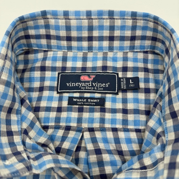 Vineyard Vines Boy’s Blue Grey Checkered Plaid Whale Long Sleeve Shirt Large 16 - Picture 4 of 10